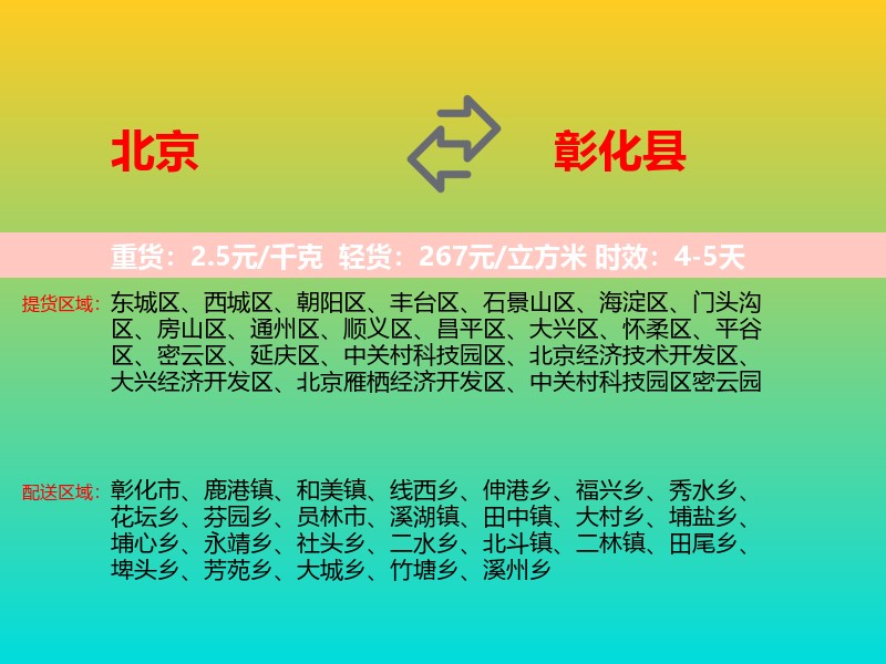 北京到彰化县物流专线价格时效