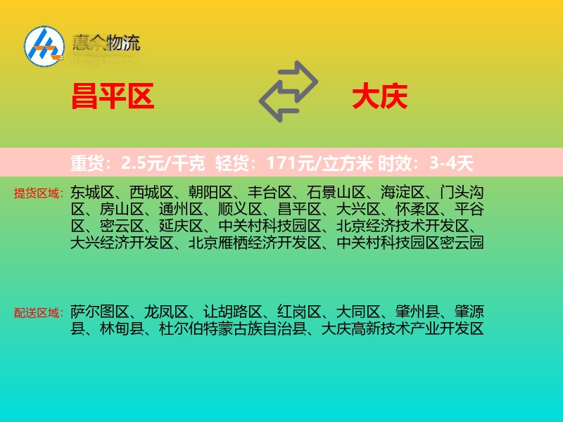 昌平区到大庆物流专线