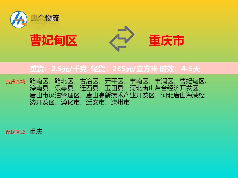 曹妃甸区到重庆市物流专线