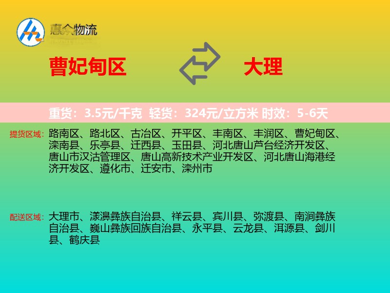 曹妃甸区到大理物流专线