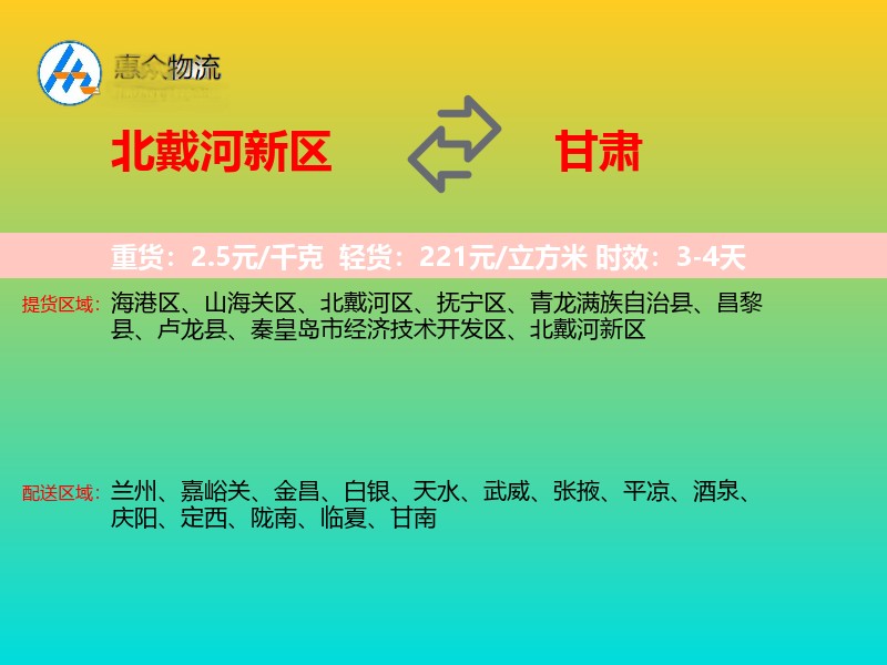 北戴河新区到甘肃物流专线