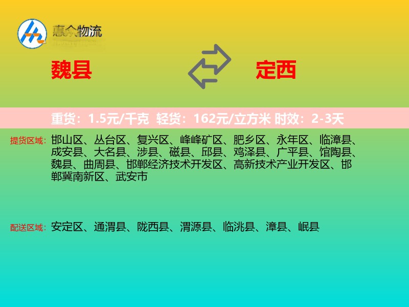 魏县到定西物流专线