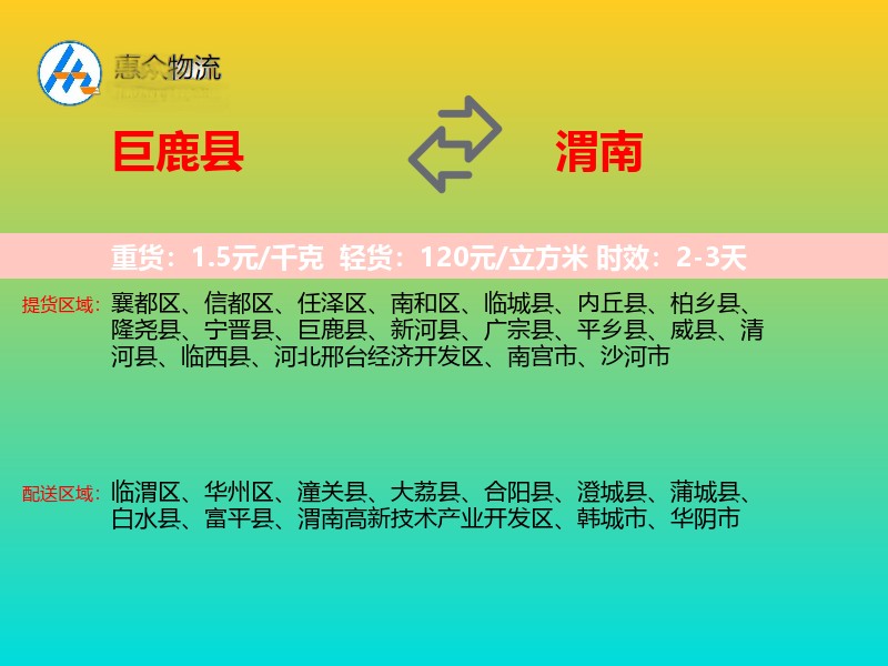 巨鹿县到渭南物流专线