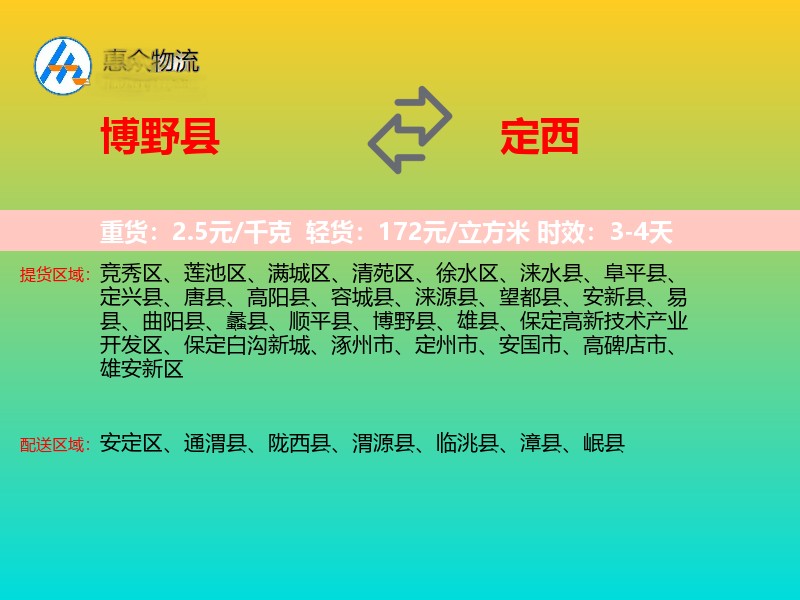 博野县到定西物流专线