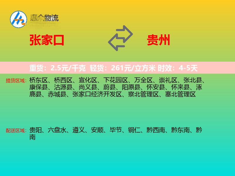 张家口到贵州轿车托运