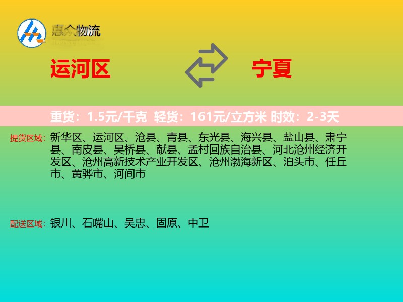 运河区到宁夏物流专线