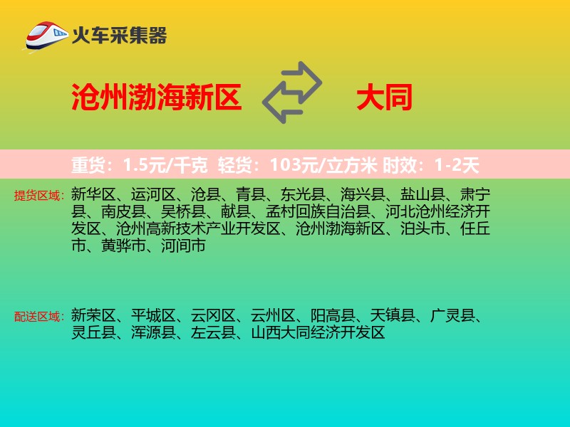 沧州渤海新区到大同物流专线