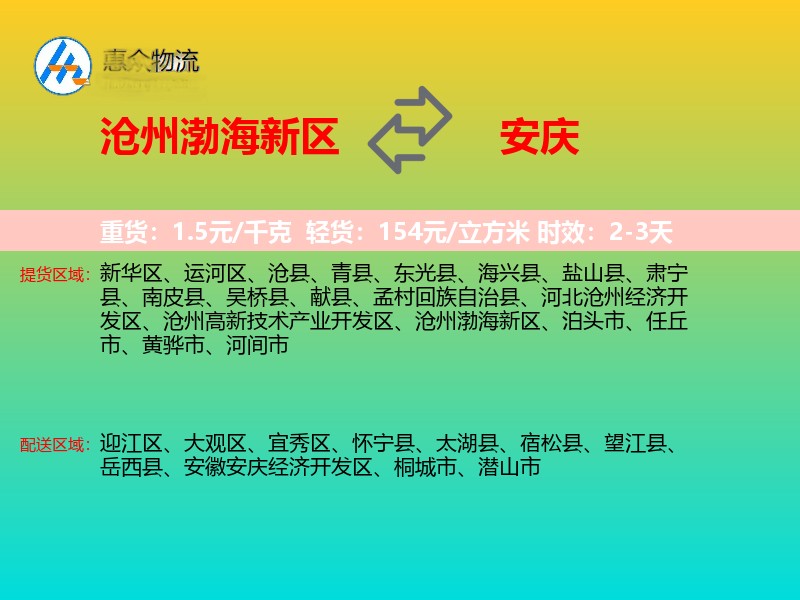 沧州渤海新区到安庆物流专线