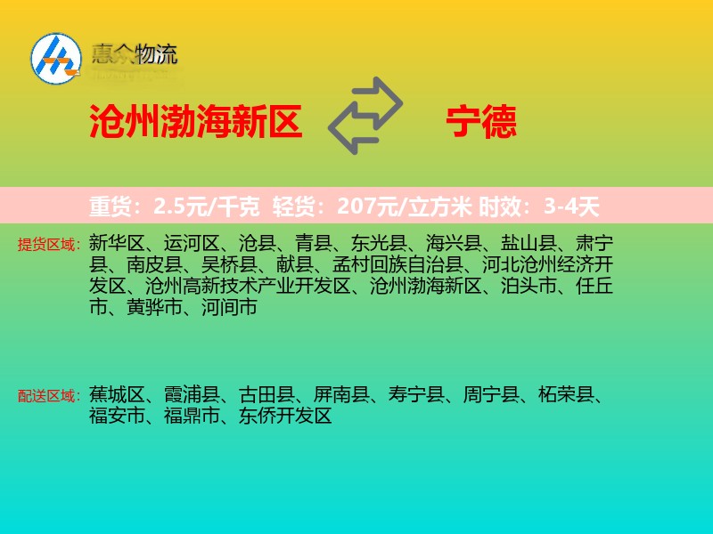 沧州渤海新区到宁德物流专线