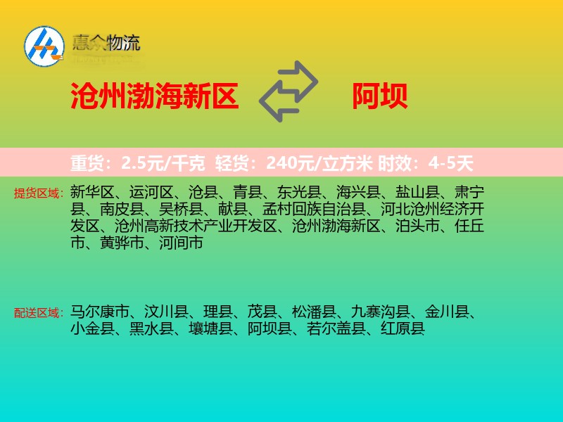 沧州渤海新区到阿坝物流专线