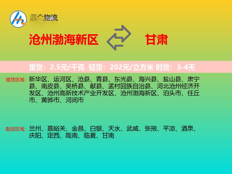 沧州渤海新区到甘肃轿车托运