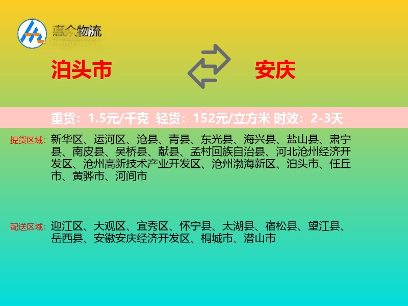 泊头市到安庆物流专线