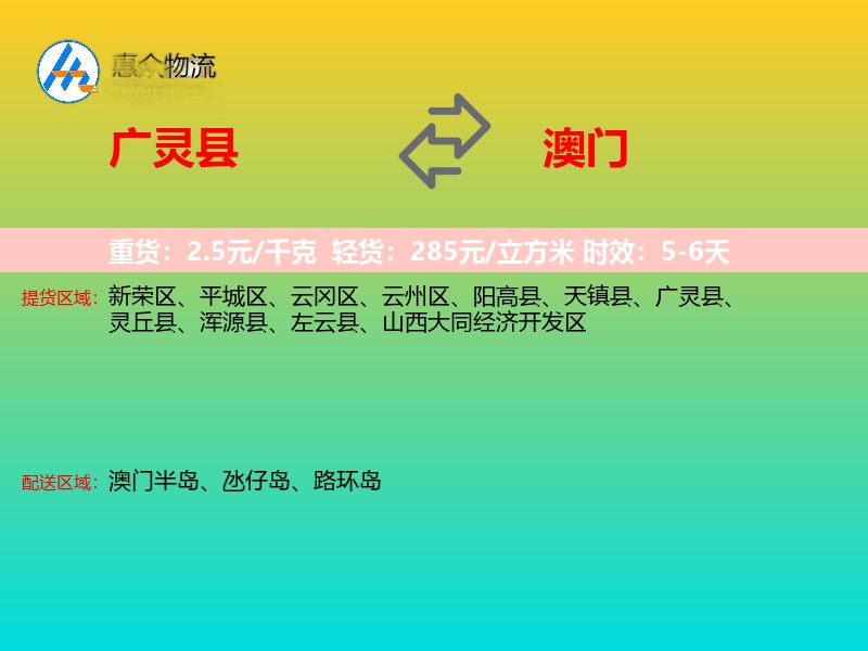 广灵县到澳门轿车托运