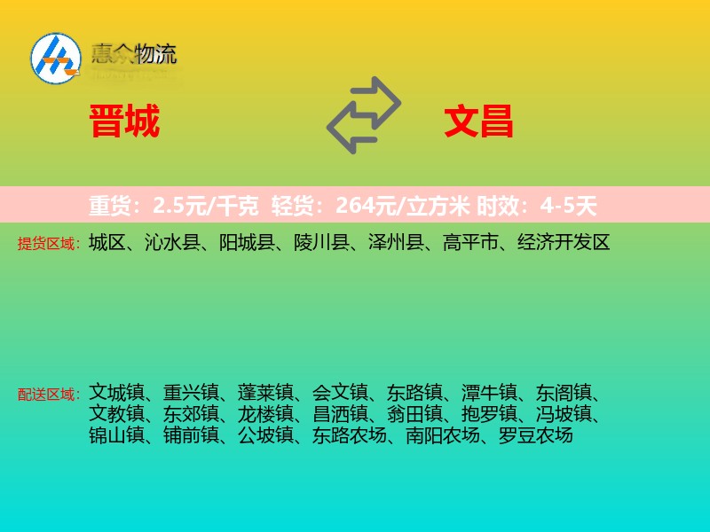晋城到文昌物流专线价格时效