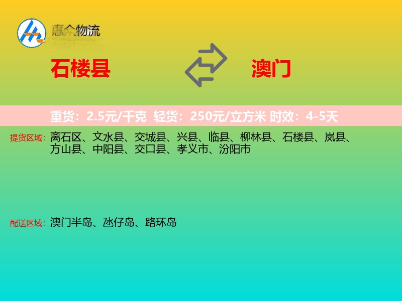 石楼县到澳门长途搬家