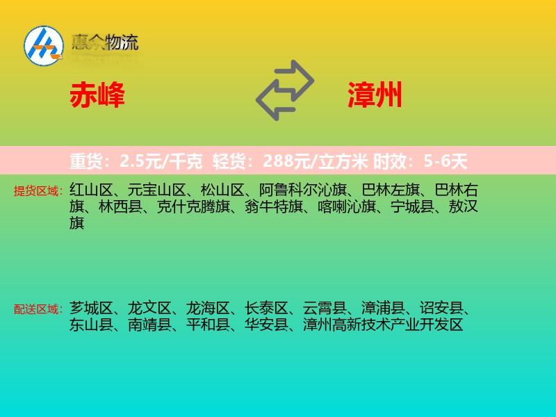 赤峰到漳州物流专线价格时效