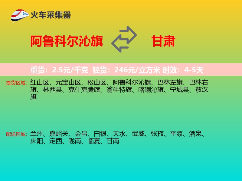 阿鲁科尔沁旗到甘肃物流专线