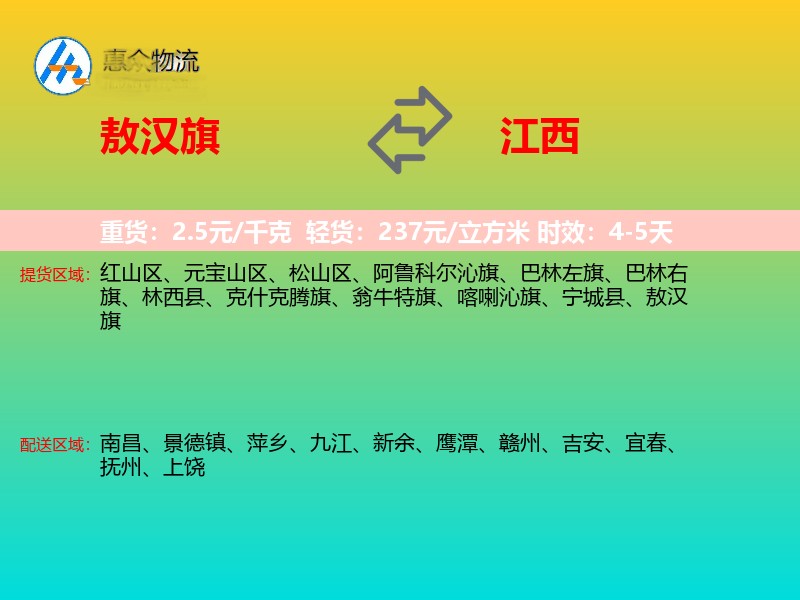敖汉旗到江西物流专线