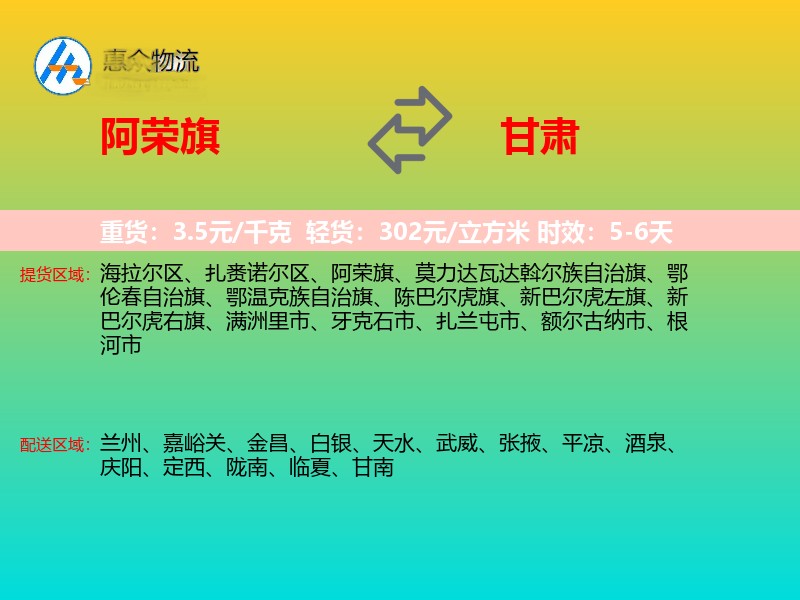 阿荣旗到甘肃物流专线