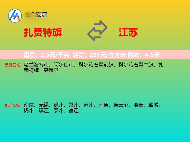 扎赉特旗到江苏物流专线
