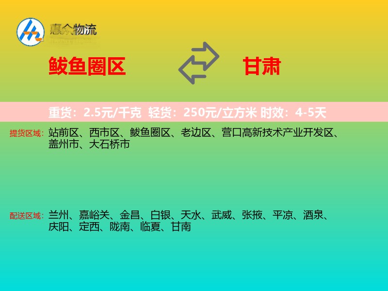 鲅鱼圈区到甘肃物流专线