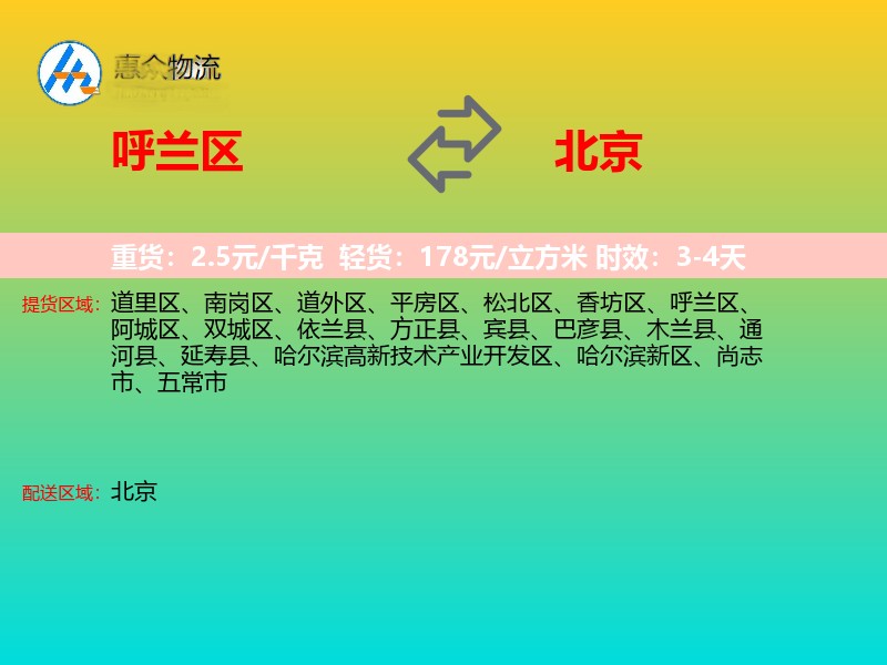 呼兰区到北京物流专线