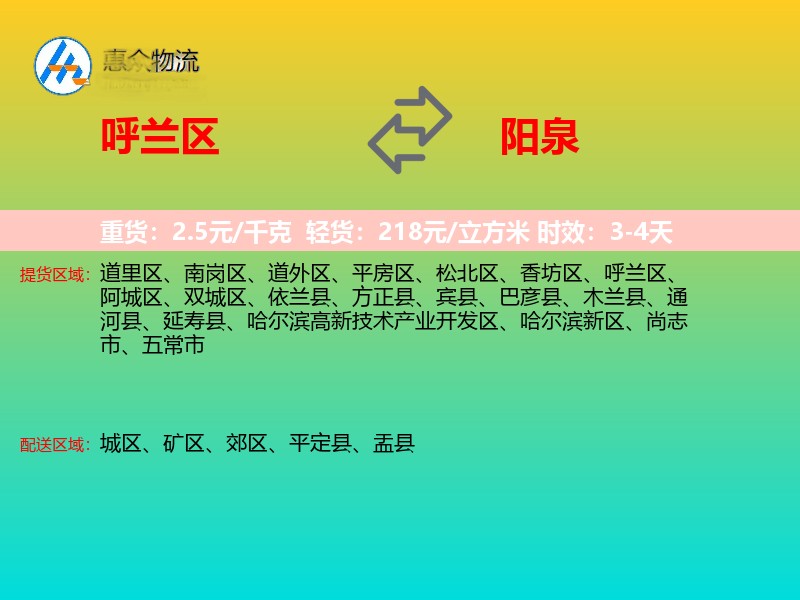 呼兰区到阳泉物流专线