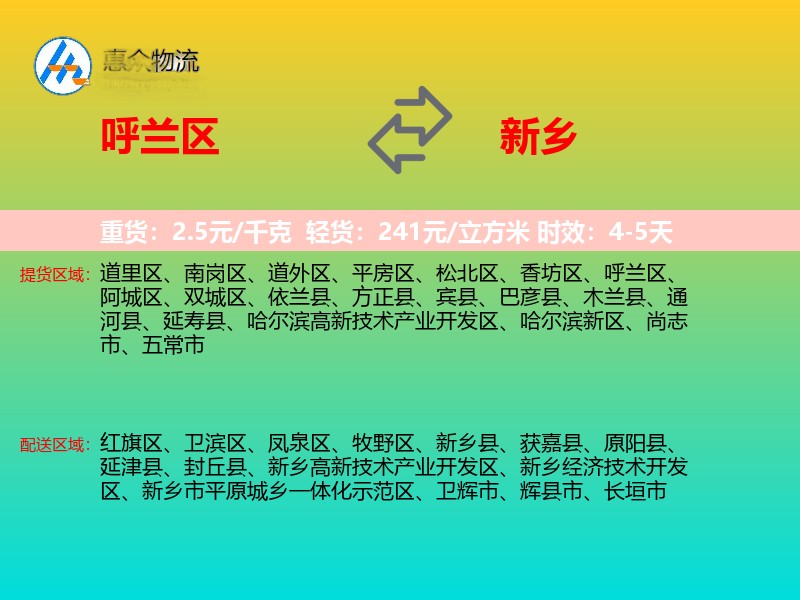 呼兰区到新乡物流专线