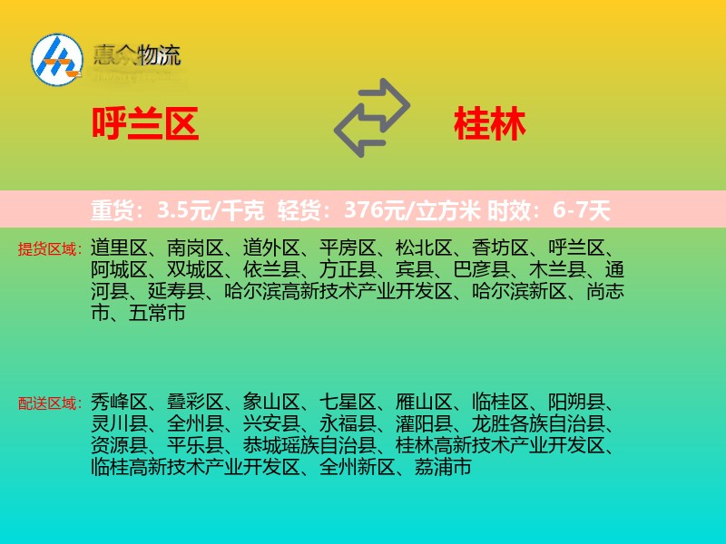 呼兰区到桂林物流专线