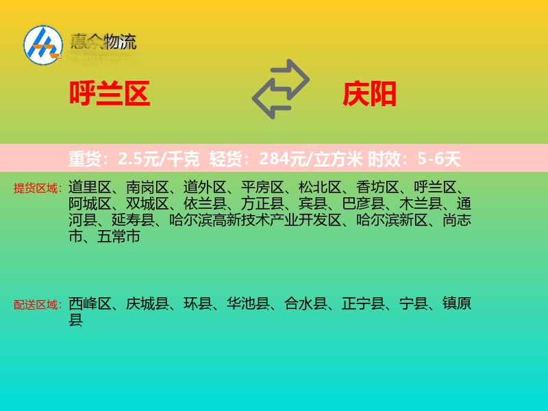 呼兰区到庆阳物流专线