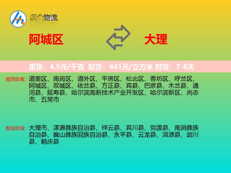 阿城区到大理物流专线
