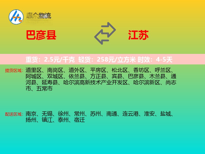 巴彦县到江苏物流专线