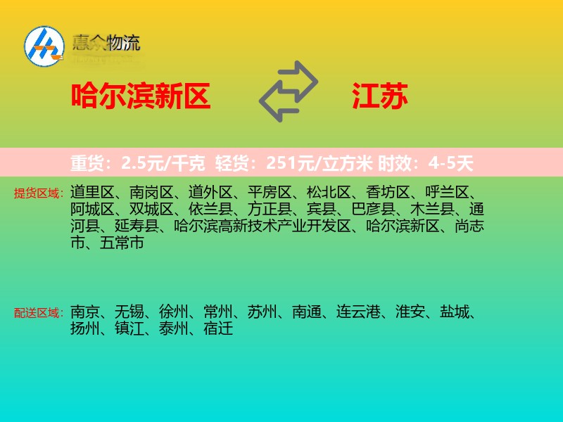 哈尔滨新区到江苏物流专线