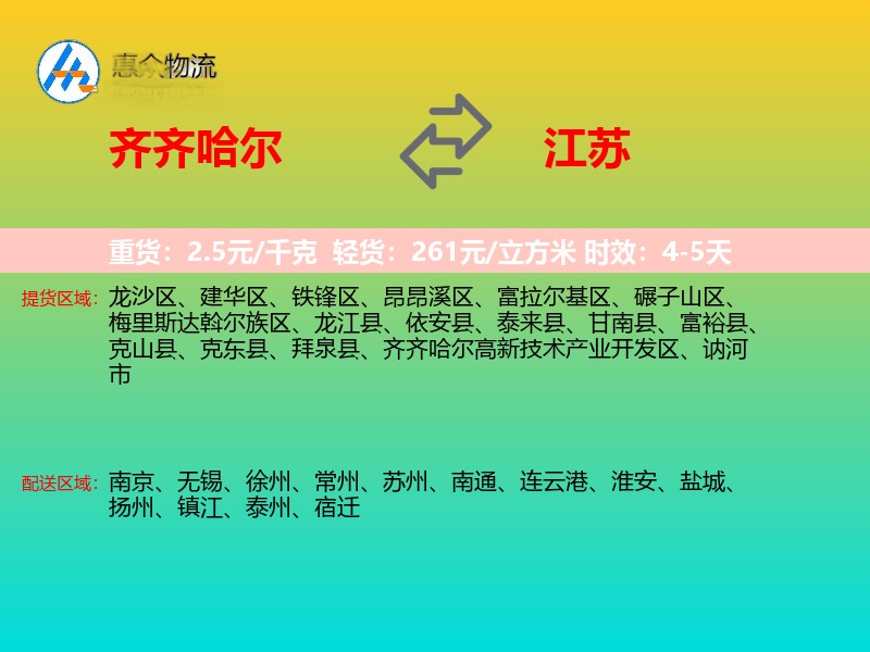 齐齐哈尔到江苏物流专线