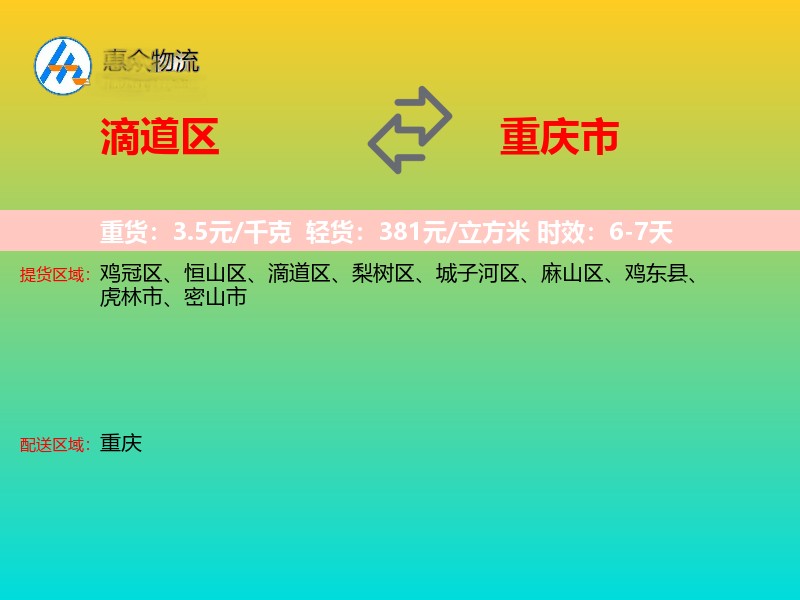 滴道区到重庆市物流专线