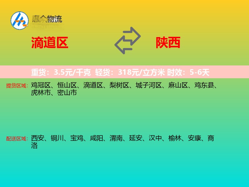 滴道区到陕西物流专线