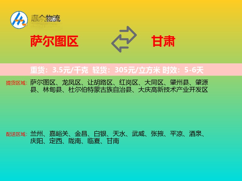 萨尔图区到甘肃物流专线