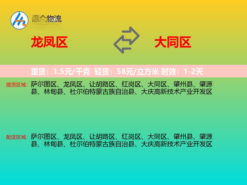 龙凤区到大同区物流专线