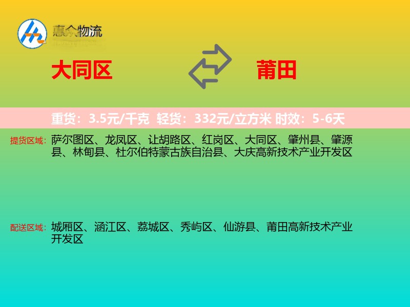 大同区到莆田物流专线