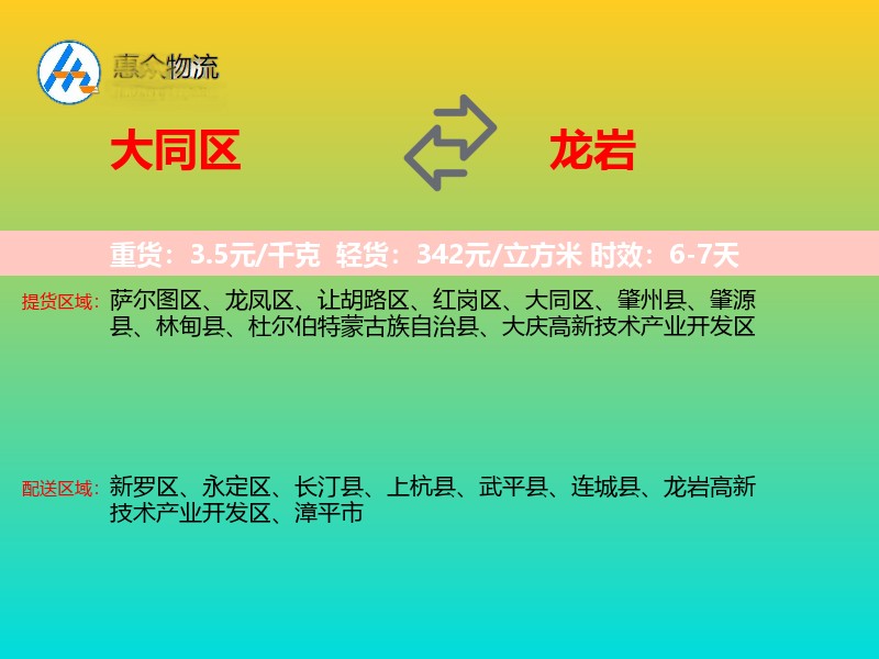 大同区到龙岩物流专线