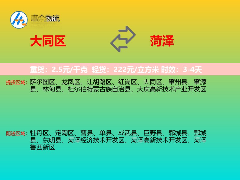大同区到菏泽物流专线