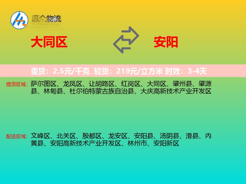大同区到安阳物流专线