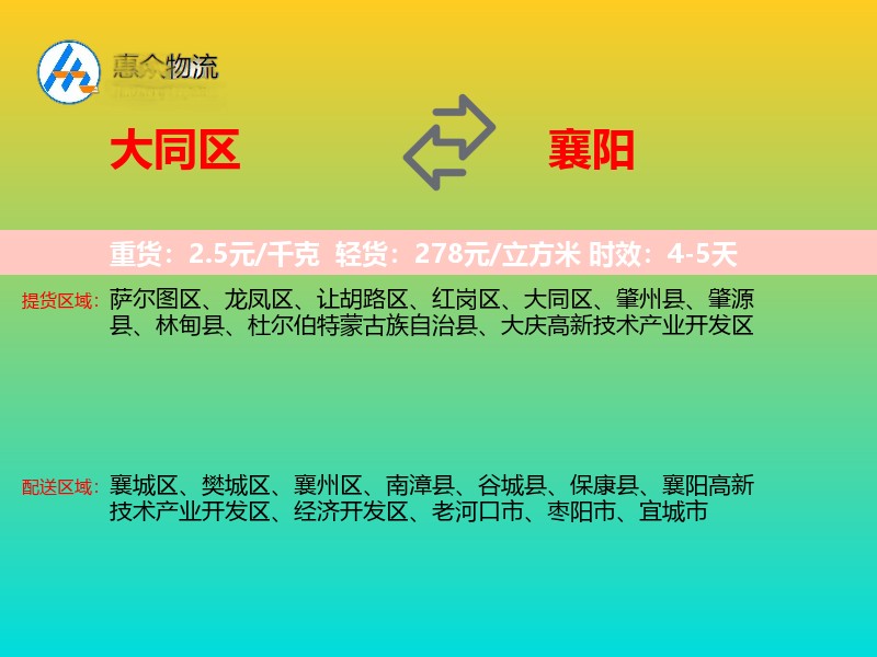 大同区到襄阳物流专线