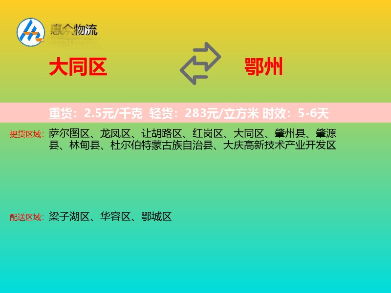 大同区到鄂州物流专线