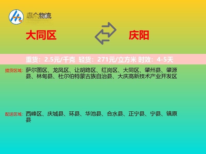 大同区到庆阳物流专线