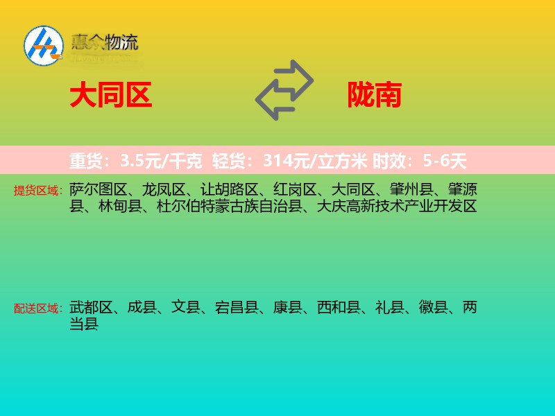 大同区到陇南物流专线