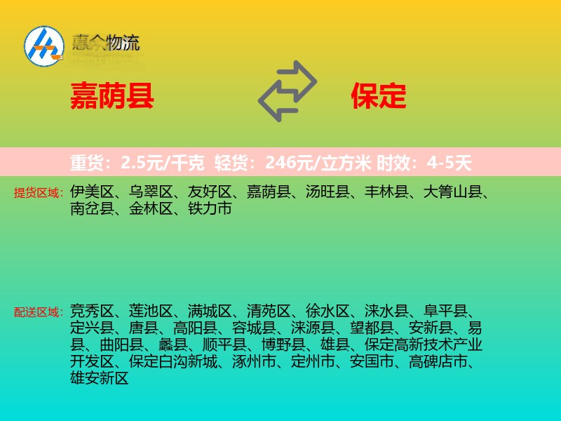 嘉荫县到保定物流专线