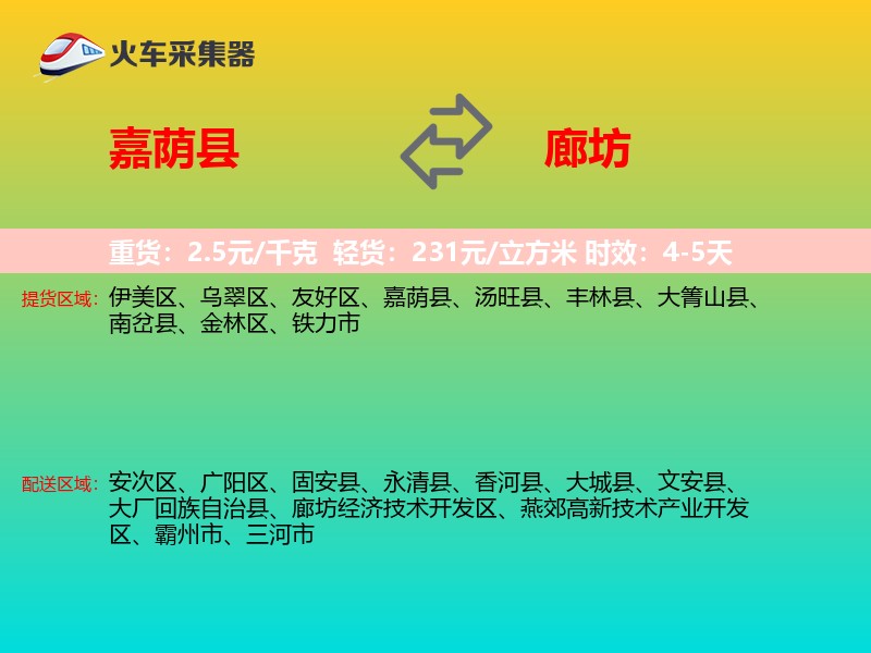 嘉荫县到廊坊物流专线
