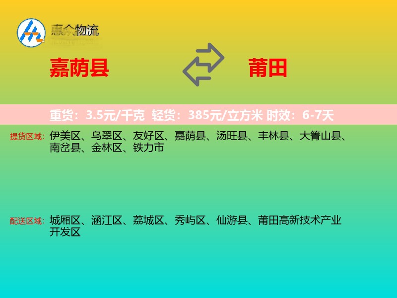 嘉荫县到莆田物流专线