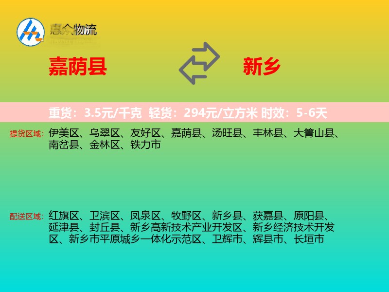 嘉荫县到新乡物流专线